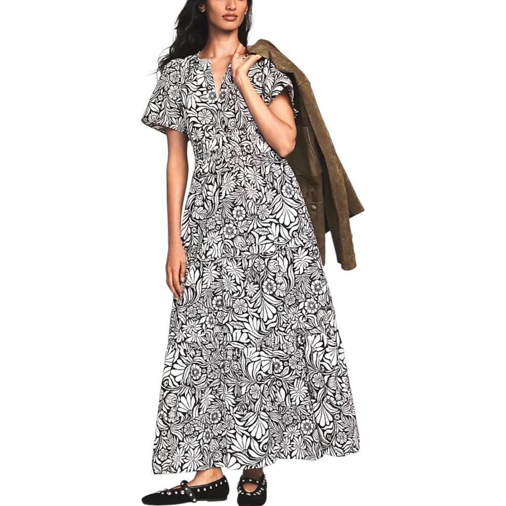 Anthropologie Women's 'Somerset' Maxi Dress, Floral, Ivory White, Black XX-Small